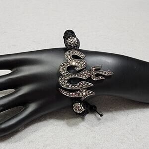 Black Braided Macrame Bracelet With QZ Rhinestone Encrusted Charm Symbol String